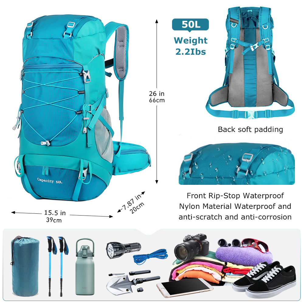 WESTTUNE 50L Wanderrucksack mit Regenschutz, multifunktionale Bergsteigertasche, Outdoor-Rucksack für Reisen, Trekking, Camping