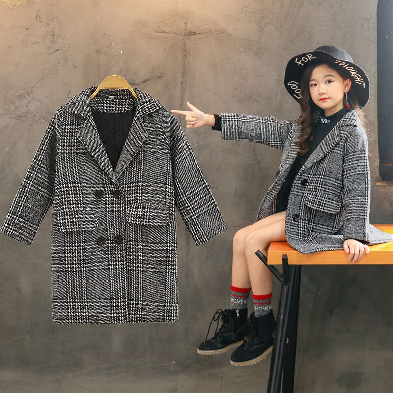 Ins calda delle ragazze cappotto Di Lana 5-13 anni di età di modo Coreano esterno del rivestimento delle ragazze di primavera e autunno lungo di lana cappotto ispessimento trincea