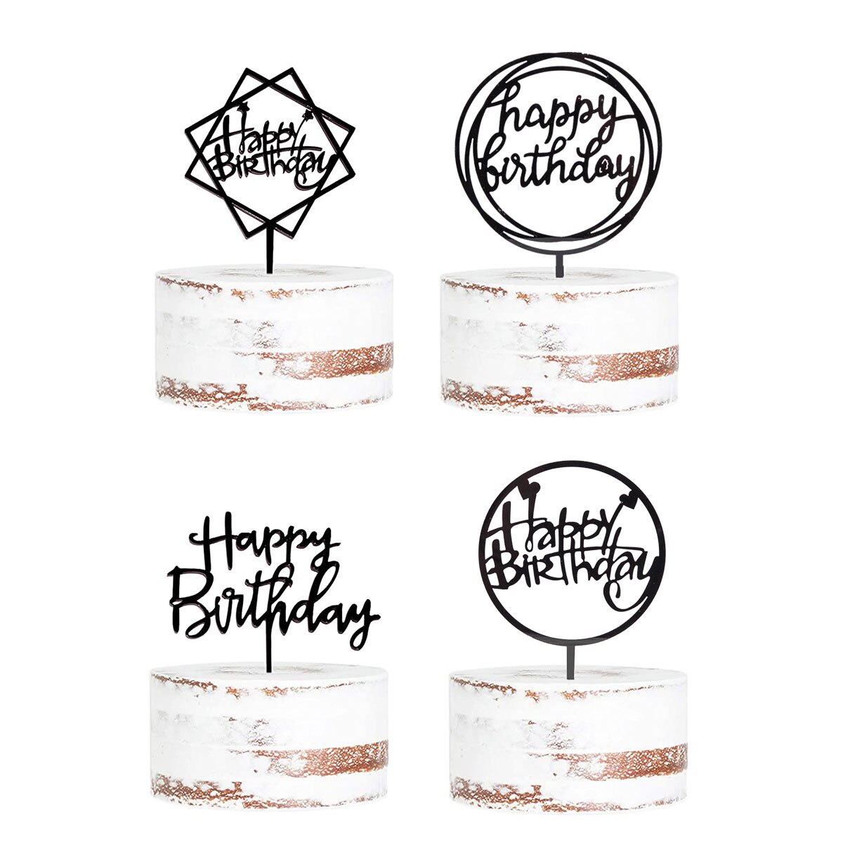 taart topper, prinsessen verjaardag, versiering verjaardag meisje, Verjaardag Cake Topper Set Dubbelzijdige Shiny Acryl Gelukkige Verjaardag Teken Cupcake Toppers Birthday Party Decoraties Levert: 4pcs black