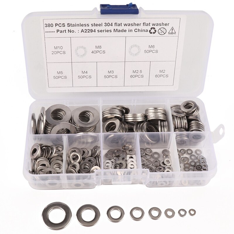 380-Pack Stainless Steel Flat Washer Assortment Set (M2 M2.5 M3 M4 M5 M6 M8 M10) 8 Different Sizes for Home Automotive