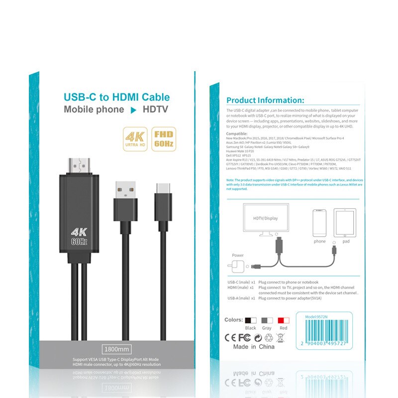 TYPE-C to HDM Adapter Cable 4K 60Hz with USB Power Supply Plug and Play for Huawei Samsung