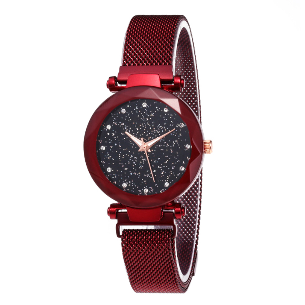 Sterrenhemel Horloge Waterdicht Stappenteller Stappenteller Horloge met Roestvrij Staal Magneet Gesp Fitness Horloge voor Vrouwen: Red