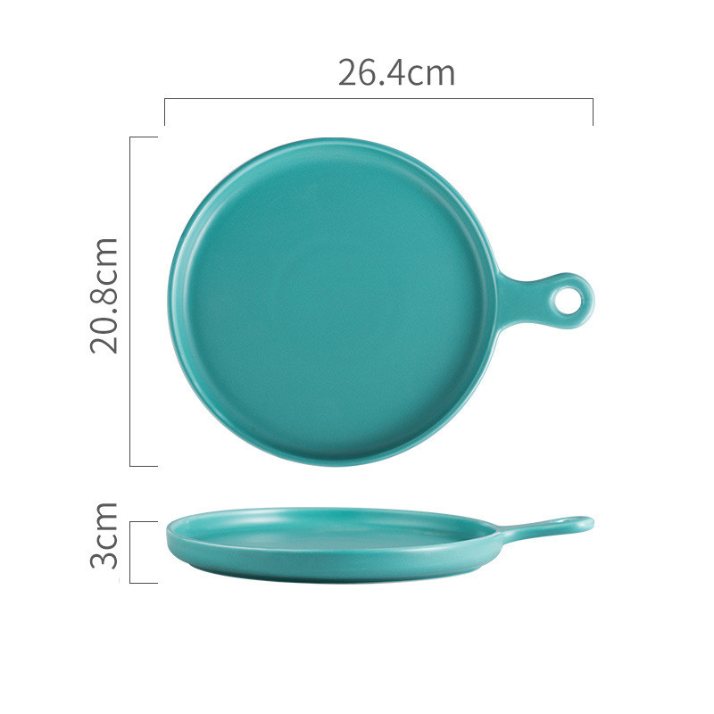 Plato nórdico redondo de cerámica sólida, plato de cena de porcelana con mango resistente al calor, bandeja para carne, Pasta, aperitivos y pasteles, 10 pulgadas: Green