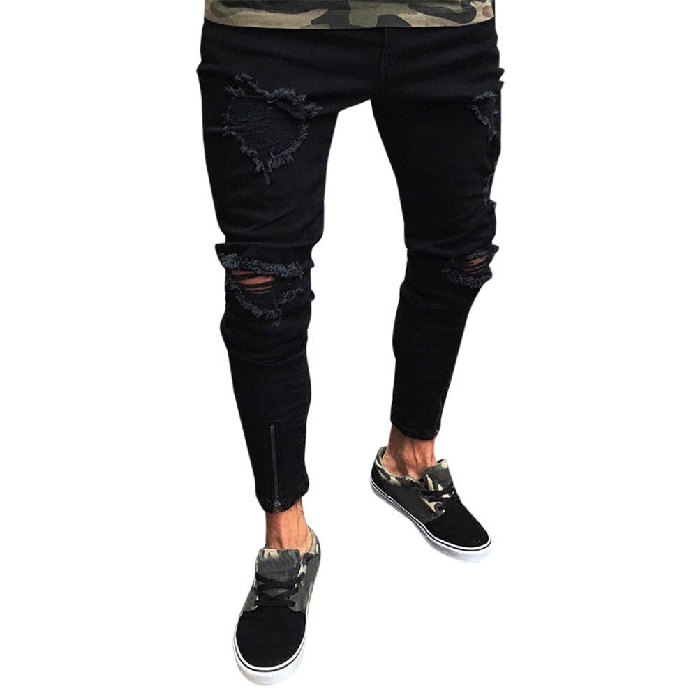 Mens Skinny Jeans Slim Biker Zipper Denim Jeans Men Ripped Stretch Denim Pants Elastic Waist Distressed Rip Trousers: 4XL
