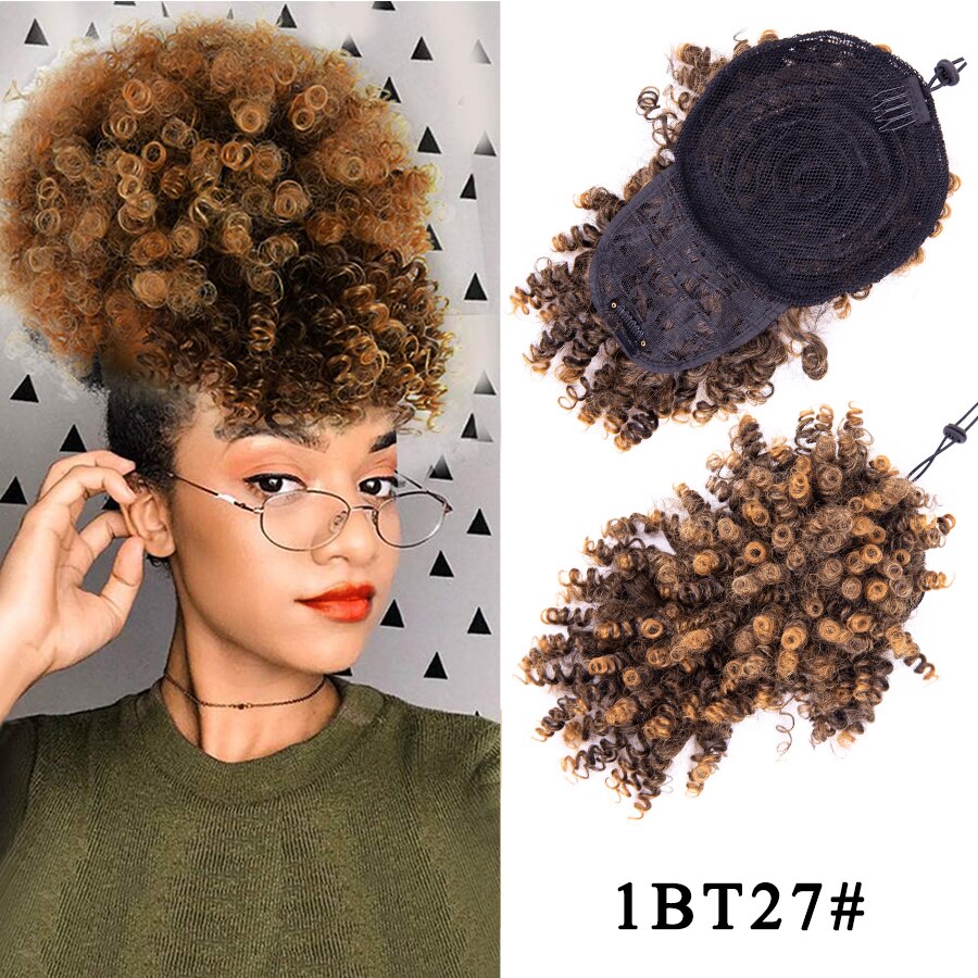 Leeons Kinky Curly Hair Bangs High Puff Ponytail Synthetic Hair Extensions African American Hair Ponytail With Bangs 11 Colors: 1bt27