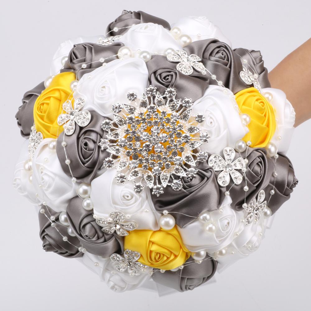 Handmade Ribbon Wedding Rose Flowers Rhinestone Bridal Bouquets Pearl Bridal Holding Bouquet Fleur Artificielle Mariage W224D: 18cm gray white
