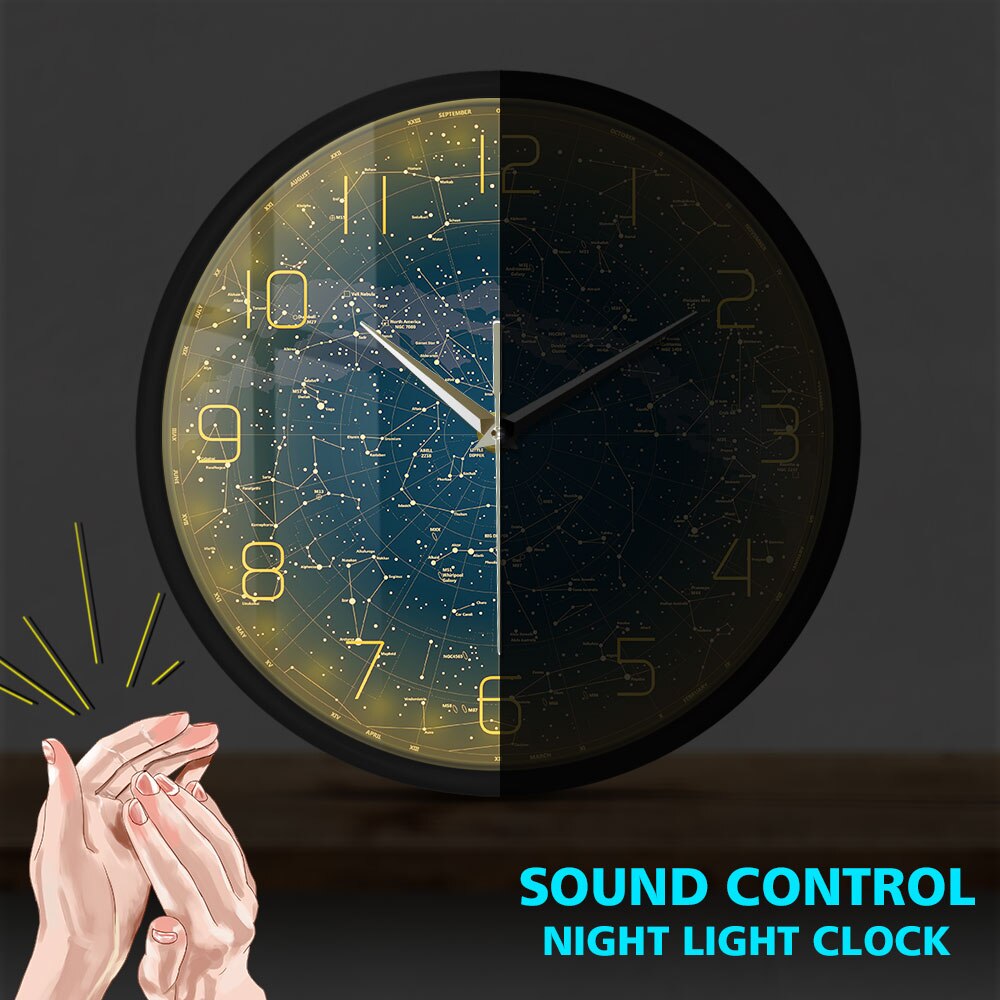 The Evening Sky Map Sound Activated LED Lighting Wall Clock Northern Hemisphere Stars Chart Silent Swept Night Light Wall Clock