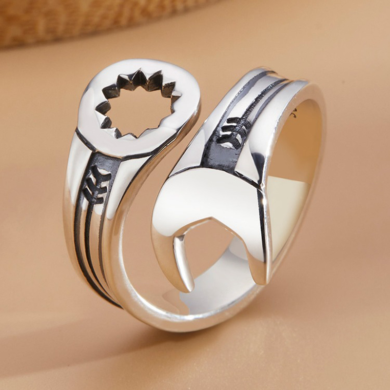 Anillo abierto de plata 925, llave inglesa Punk, geométrico, asimétrico, apilable para mujeres y hombres, joyería de ,