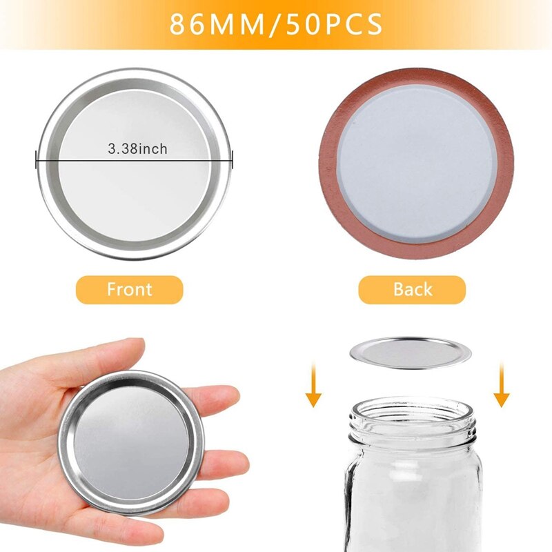 50 Pcs Wide Mouth 86 MM Mason Jar Canning Lids, Reusable Leak Proof Split-Type Silver Lids with Silicone Seals Rings