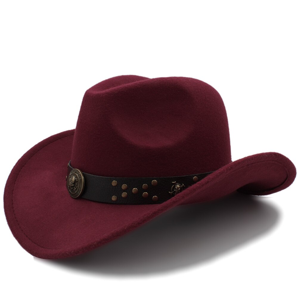 Klassische Frauen Wolle Chapeu Western Cowboy Hütte Winter Herbst Dame Jazz Cowgirl Sombrero hombre Steampunk Kappe Größe 56-58 cm: Wein rot
