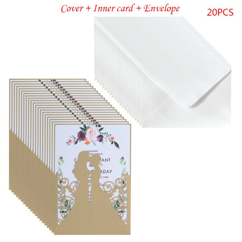 20pcs/set Bride Groom Wedding Invitations Greeting Card Invite Envelopes Party QX2E: Beige Gold