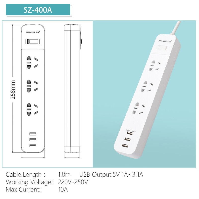 Samzhe strømstikstik bærbar stripstikadapter med 3 usb-port multifunktionel smart hjemmeelektronik: Sz -400a