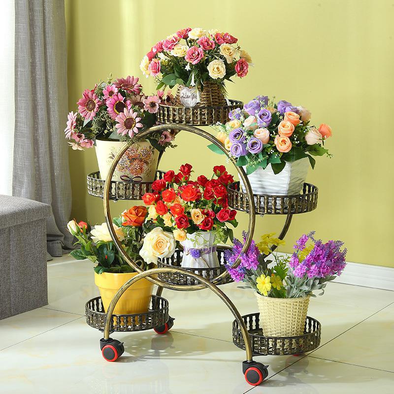 Mobile Flower Stand with Wheels, Multi-Layer Metal Plant Shelf for Living Room and Balcony, Floor Standing Planter Rack