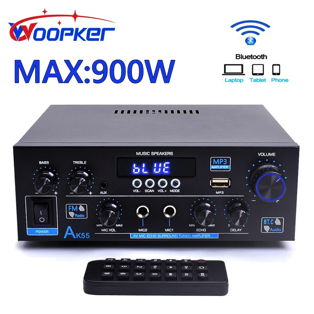 Woopker Audio Amplifier AK55 HiFi Bluetooth 5.0 Max Power 900W Supports Bass Surround and FM Suitable for Home Car