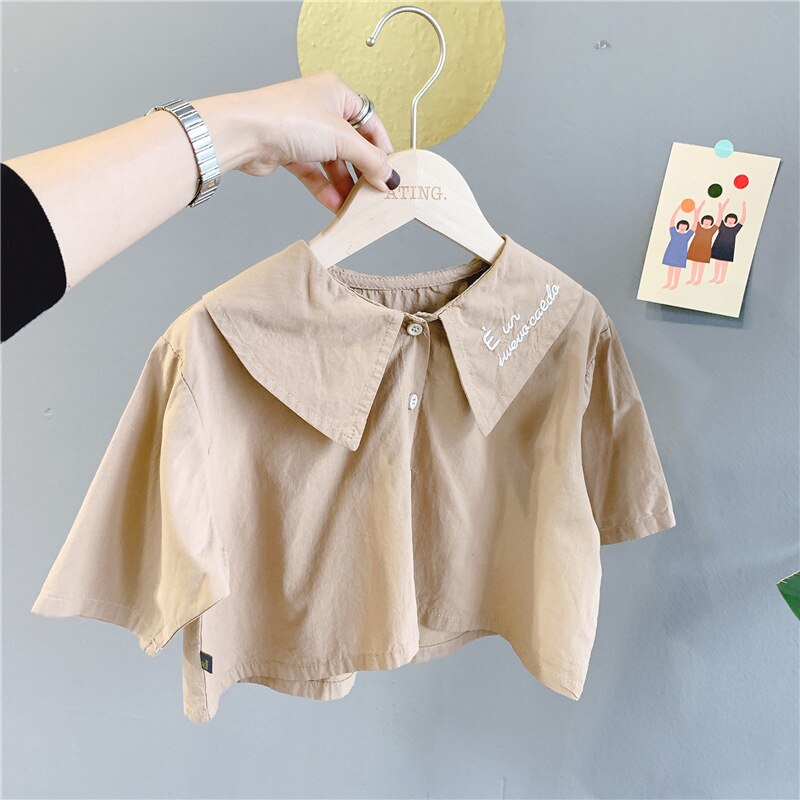 Chemises à col rabattu pour filles, manches longues, lettres brodées, en coton, vêtements décontractés, printemps: Kaki / 5T