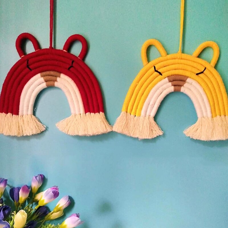 7 Lines Macrame Tapestry Rainbow Cat Wall Hanging Ornaments Handmade Woven Cotton Thread Animal Kids Room Home Party Nursery