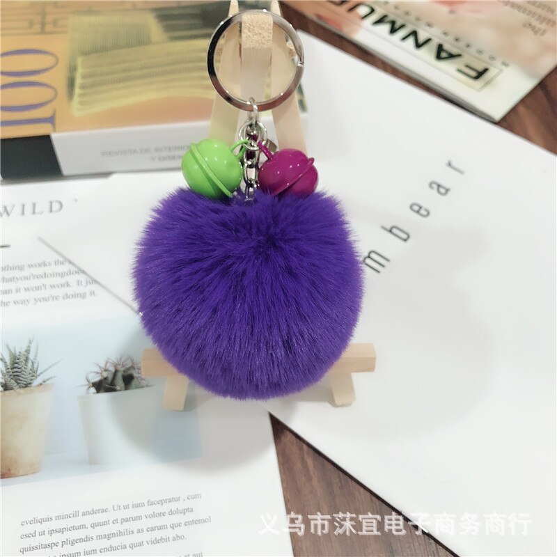 -love 8cm faux rex kanin pom-pom nøglering tiy kontrast farve klokke par taske tilbehør sydkorea små smykker tilbehør: Mørke lilla