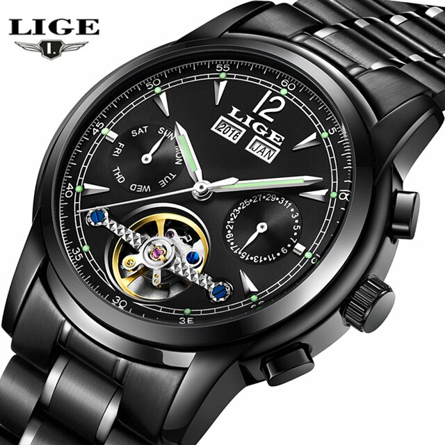 Männer Uhren Luxus oben LIGE Tourbillon Mechanische Sport Uhr Mens Geschäft Automatische Uhr Mann Relogio Masculino: alle Schwarz