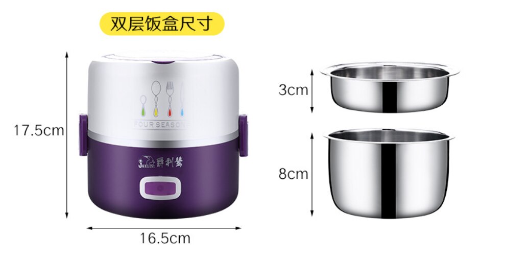 Elektrische lunchbox, mini rijstkoker, elektrische pot, voedselverwarmer, kleine draagbare multicooker, eierkoker, roestvrijstalen soep-stomer: Paars 2 lagen / Eu