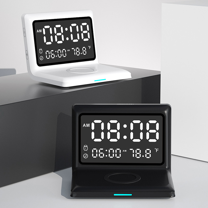 6 In 1 Wekker Draadloze Oplader Met Digitale Thermometer Led Bureaulamp Voor Slaapkamer 15W Mobiele Telefoon Snelle lader