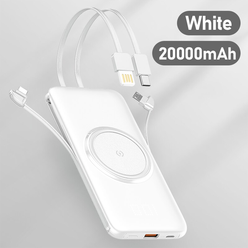 Ebaicase 20000Mah Draadloze Oplader Power Bank Voor Xiaomi Iphone Samsung Externe Batterij Powerbank Ingebouwde 4 Kabels Powerbank: 20000mAh White