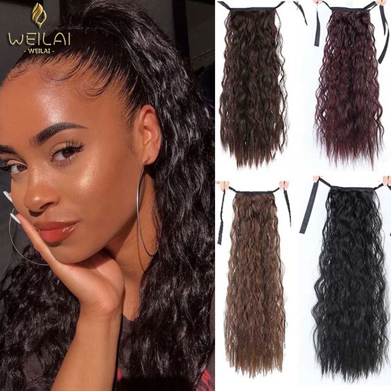 Weilai extensions syntetisk wrap on clip hestehaler majs bølget hestehale hårstykke ombre brun rød falsk hår lang hestehale paryk