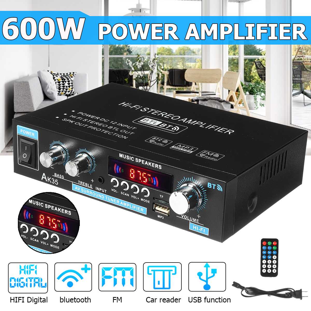 800W 220V Bluetooth Amplifier HIFI Digital Subwoofer AUX input USB SD Home Theater Amplifiers Audio Processor Power Amplifier