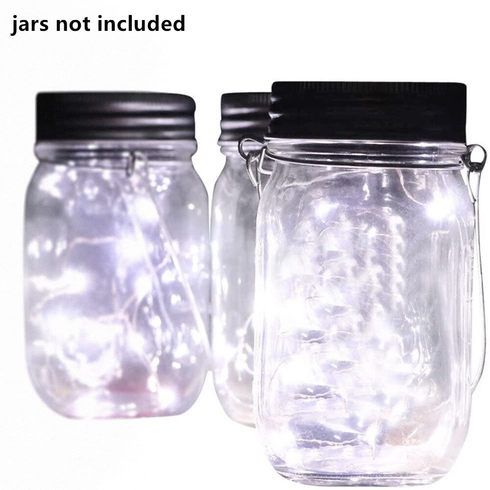3Pcs Solar Powered Mason Jar Lights 20 Bulbs Warm White Jar Hanging Light Solar Fairy Firefly light Lids Fit for Wide Mouth Jars: White