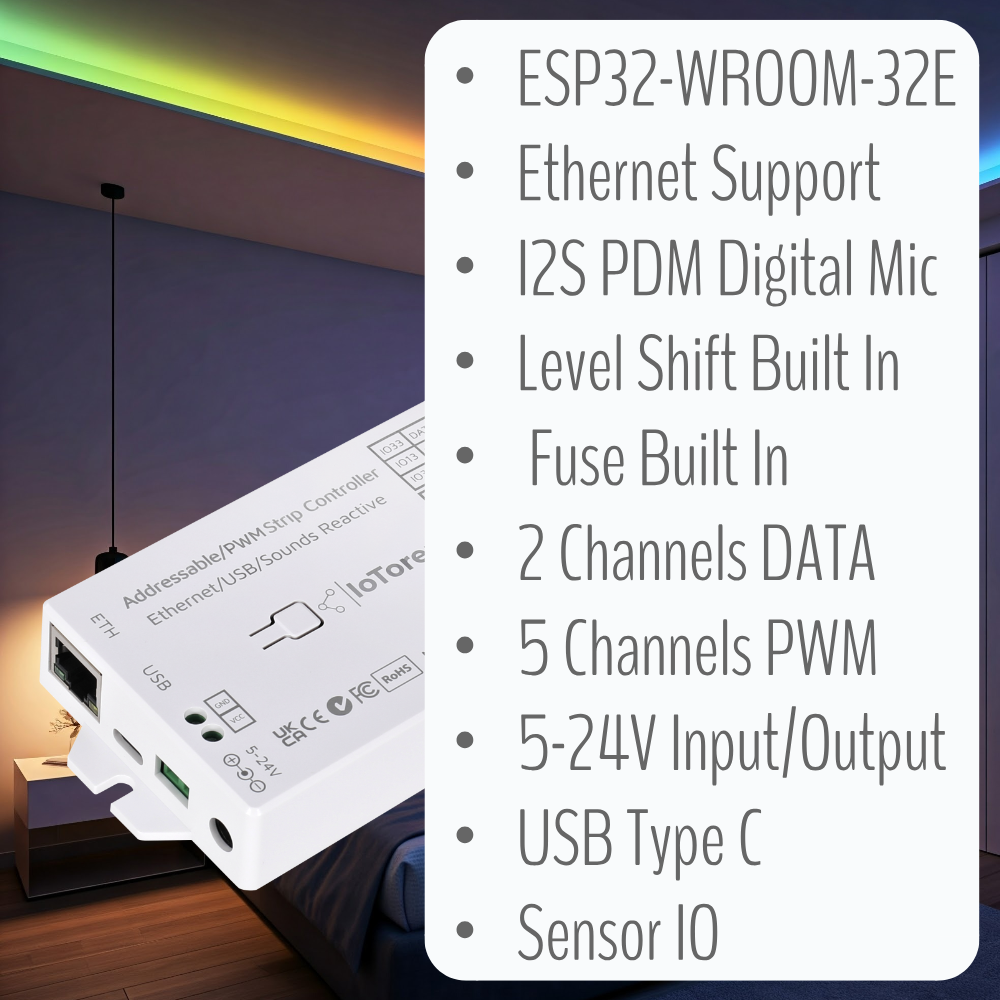 Kontroler taśm led iotorero wled ethernet esp 32 adresowalny i pwm współpracuje z asystentem domowym