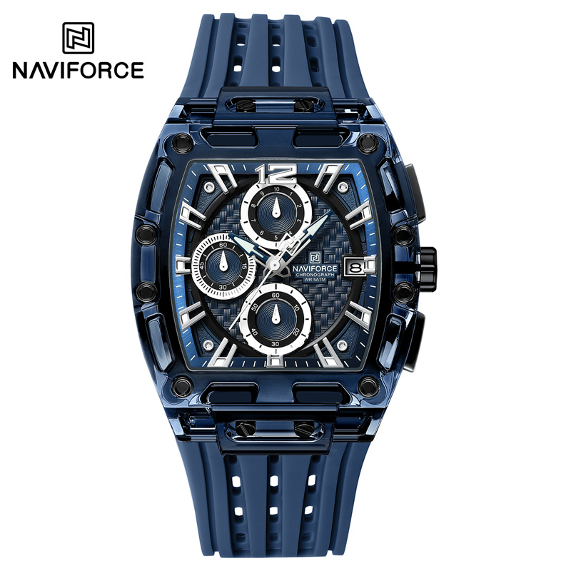 Naviforce 5 atm impermeabil ceasuri bărbătești originale sport cuarț multifuncțional curea silicon carcasă pătrată ceas de mână: Argint