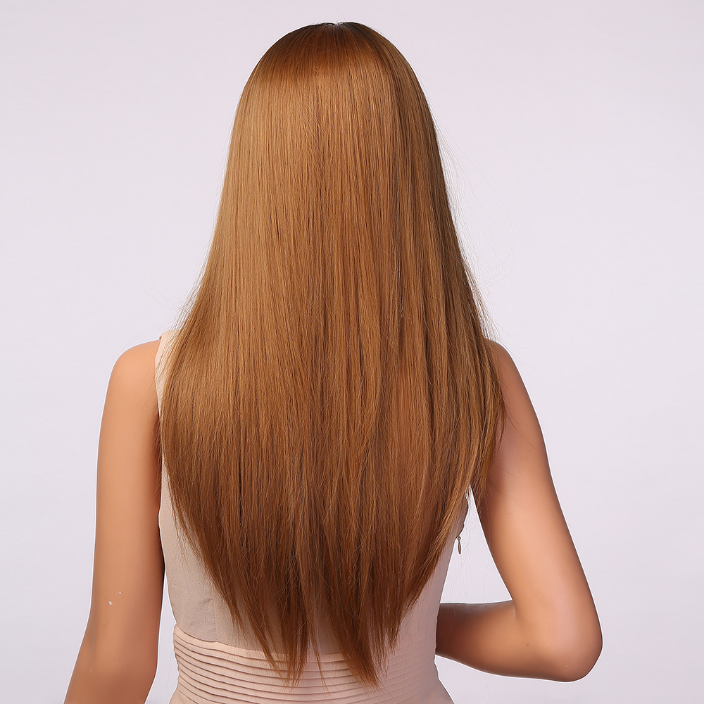 Long Synthetic Straight Wigs Ombre Brown Ash Blonde Wigs with Bang for Women Cosplay Lolita Daily Party Heat Resistant