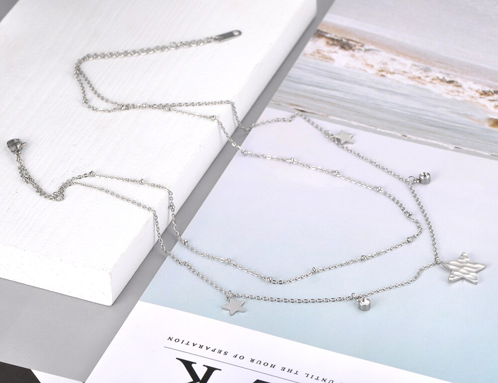 Lokaer Original Double Layer Star Pendant Necklace For Women Stainless Steel CZ Crystal Chain Choker Necklace N20130