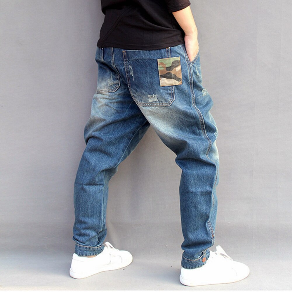 Lugentolo-pantalones vaqueros bombachos para hombre, de estilo Hip Hop, medio suelto, con cremallera, largo de talla grande bajo ajustado, Vaqueros rasgados para hombres