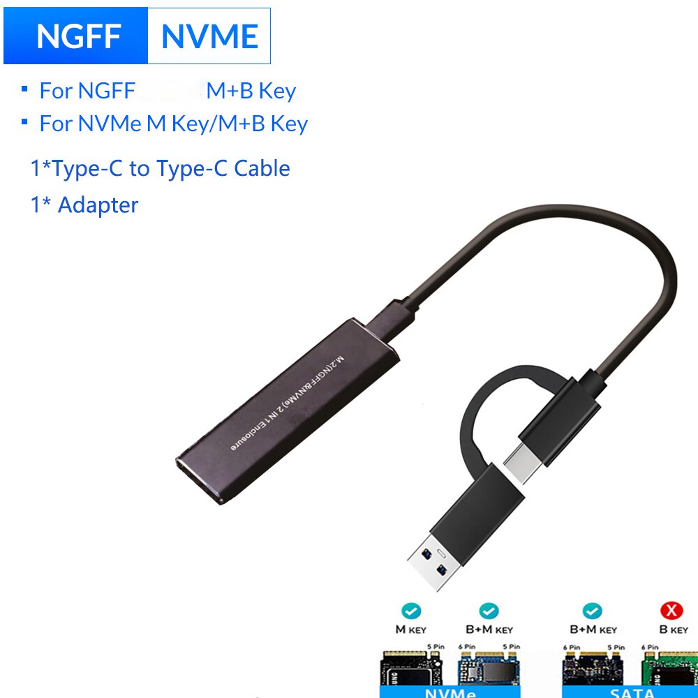 GUDGA Ssd M2 Case NVME Enclosure M.2 to USB Type C 3.1 OTG Adapter Aluminum External hd case For NVME PCIE NGFF SATA M/B Key SSD: Nvme Case Black