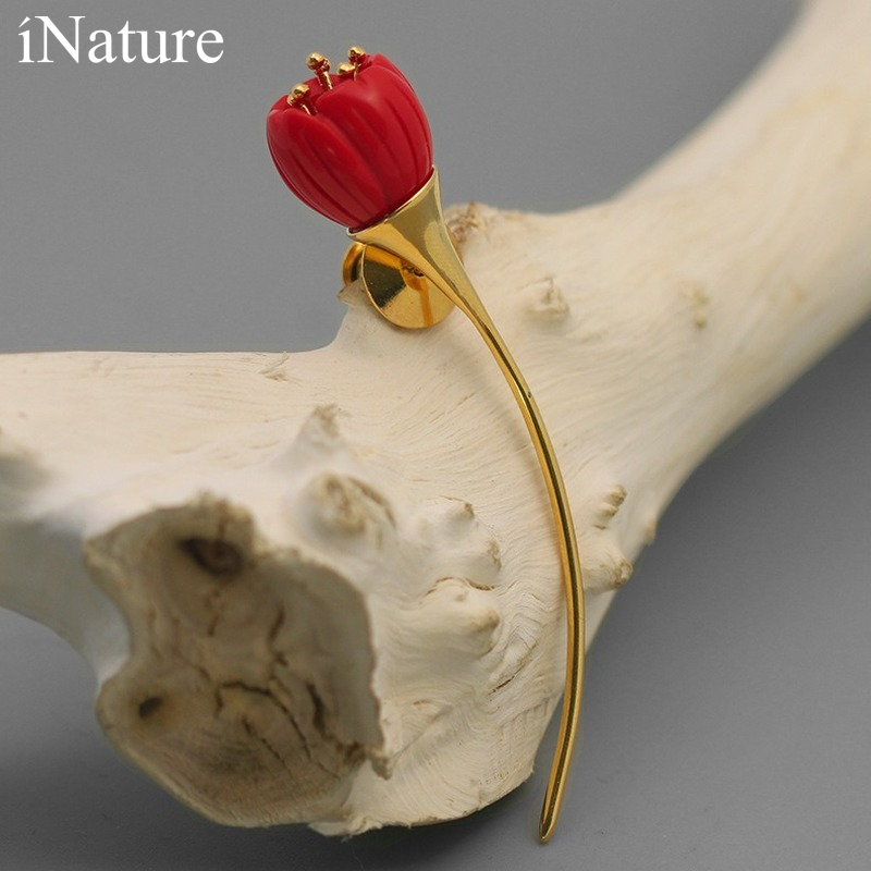 Natur 925 brosche aus sterlingsilber mit roter korallenblume für damenschmuck