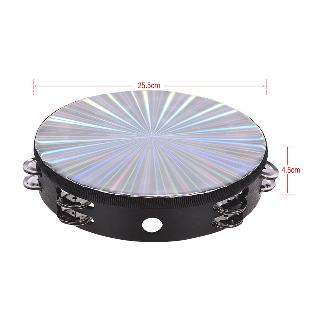 8 Inch Wooden Radiant Tambourine Handbell Hand Drum with Double Row Jingles Reflective Drum Head Percussion Instrument