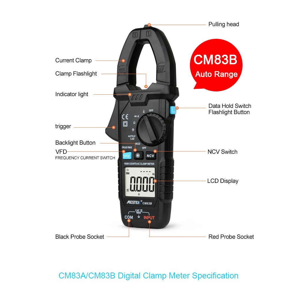 MESTEK Digital Clamp Meter 600A AC Current 600V AC/DC Voltage Capacitance Measurement Data Hold Backlight NCV Tester