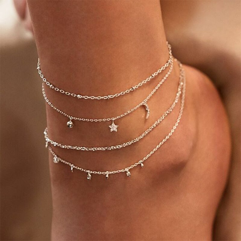 retro Sterne Mond Kristall frauen Fußkettchen ErkläSprosse Böhmischen Multi-schicht Knöchel Bein Fußkettchen Schmuck