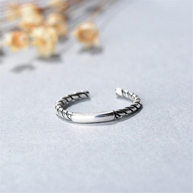 Retro Thai Silver Glossy Thread 925 Sterling Silver Jewelry Exquisite Thin Line Twist Pattern Opening Rings SR261