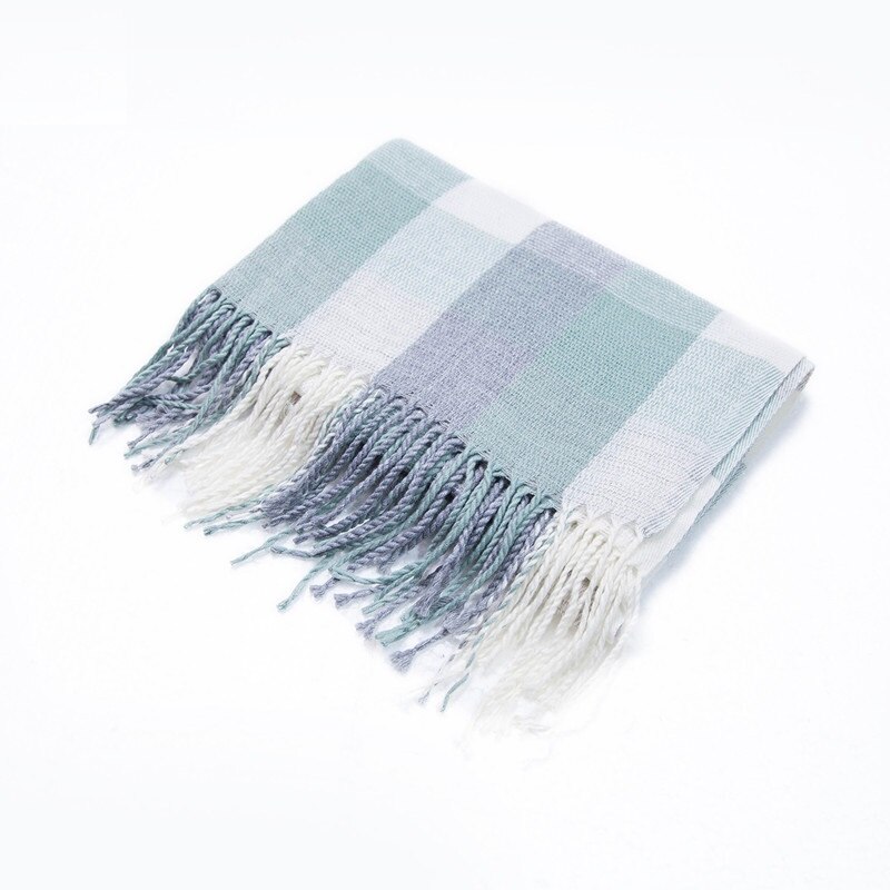 Winter Cashmere Plaid Double Fringe Scarf Women's Warm Blue Shawl