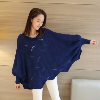 Loose Knit Scalloped Sweater Off Shoulder Pullover Women Pink Batwing Sleeve Knitwear Oversized Poncho Sweater: dark blue