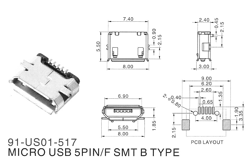 10Pcs Micro USB Type B Female 5Pin SMT Socket Jack Connectors Port PCB Board