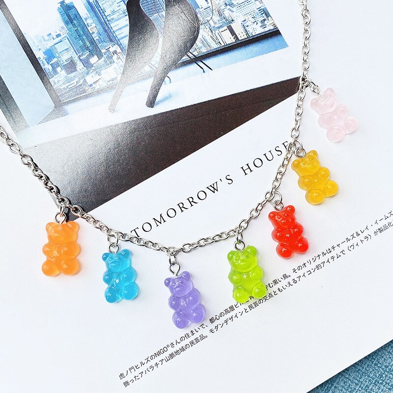 Collier en acier inoxydable fait à la main, 7 couleurs, mignon, ours de bonbons de dessin animé, pendentif de couleur bonbon, bijoux quotidiens pour femmes et filles, de fête: 7 Bear