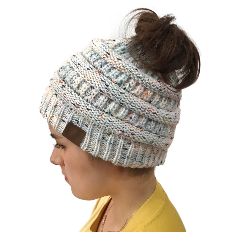 Doitbest Winter Female Ball Cap Top Hole Hat For Women Girls Hat Knitted Beanies Cap Hat Thick Womens lady Skullies knit Beanies: White