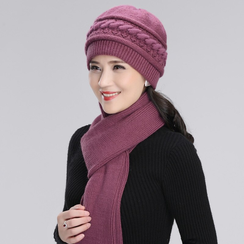 Lã de malha chapéu feminino inverno quente elegante cachecol avó mãe presente natal meia-idade idosos feminino moda boné h7165