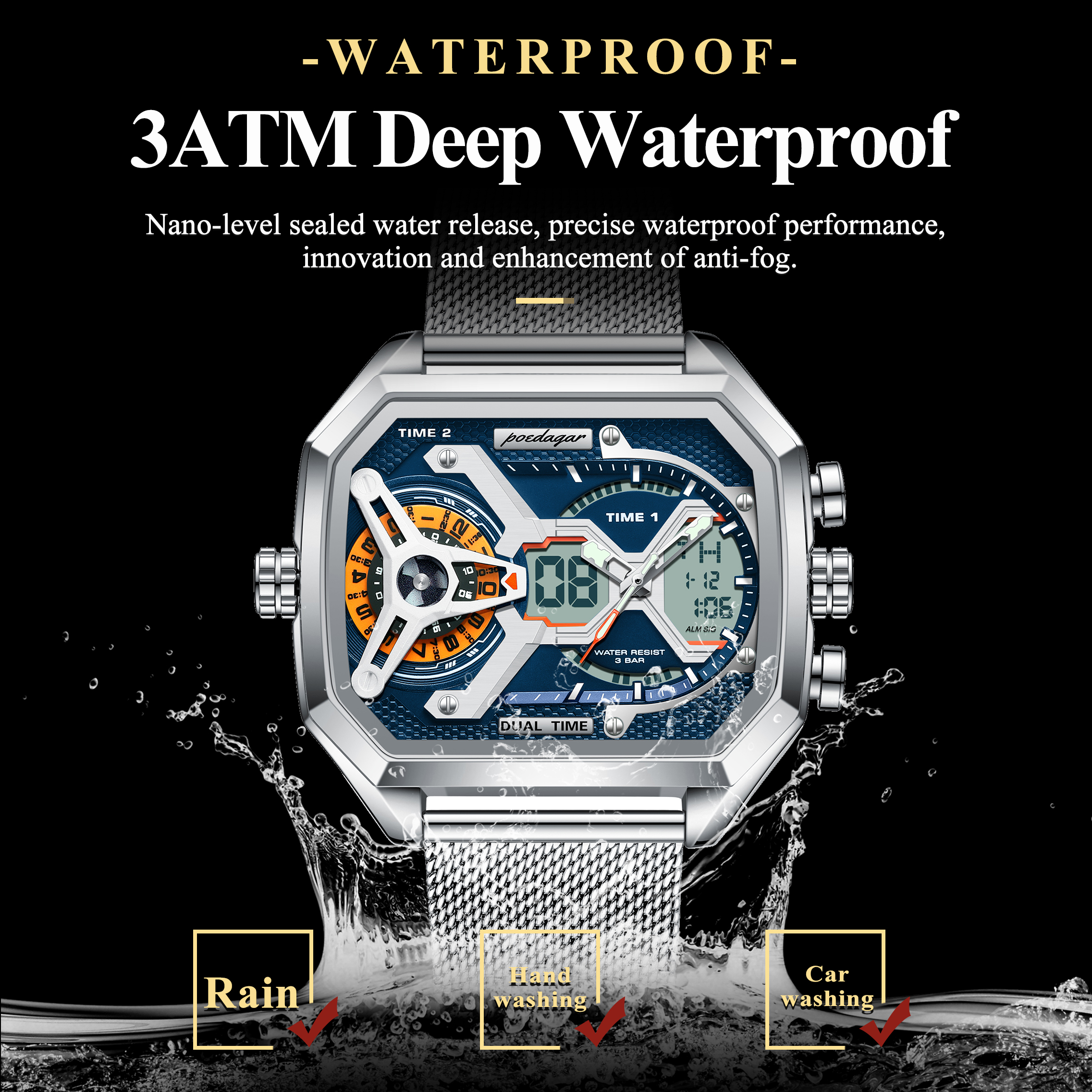 POEDAGAR, reloj de para hombre, reloj rectangular resistente al agua con fecha y semana LED para hombre, relojes electrónicos de cuarzo de acero inoxidable con malla para hombre