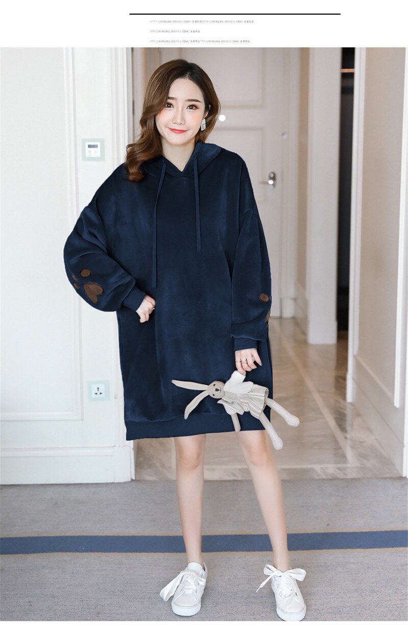 Maternity Velvet Hoodies Tops Rabbit Hooded velvet sweater Dress Autumn Winter Pregnancy Clothes Coat Hoodie For Pregnant Women: Navy / XXL