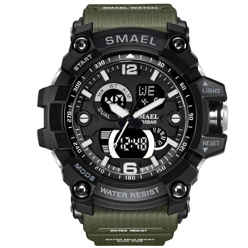 SMAEL Luxe Dual Display Horloges Mannen Sport multifunctionele Waterdichte LED Elektronische Digitale Horloge Alarm Week Datum Relogio: Army Green