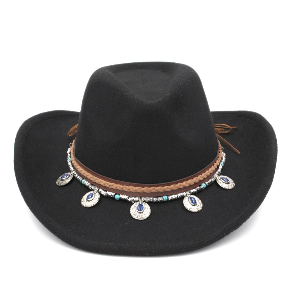 Munng Unisex Retro Western Equestrian Cowboy Hat Cattleman Riding Upturn Wide Brim Cowgirl Cap Beading Braided Hatband