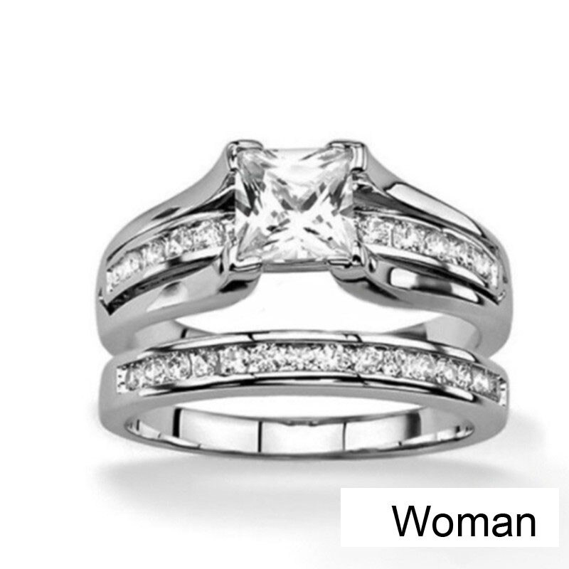 Princess Cut Zirconia Paar Ringen Rvs Wedding Ring Set voor Mannen en Vrouwen